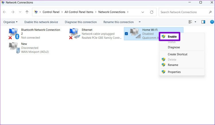 Laptop không hiện wifi Win 11 - Cửa sổ Network Connections và tùy chọn Change adapter settings