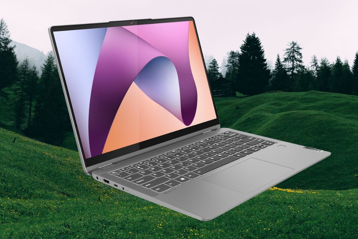 Laptop Lenovo IdeaPad Flex 5 14ABR8 màu xám, đang gập ngược lại để sử dụng ở chế độ máy tính bảng