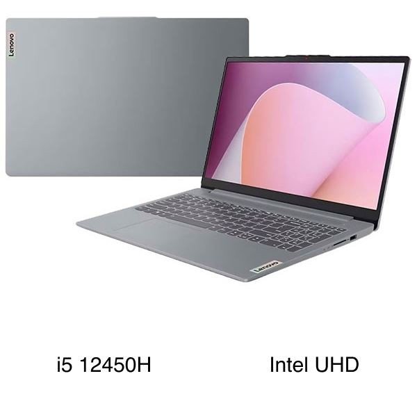 Laptop Lenovo Ideapad Slim 3 15IAH8 i5 12450H màu xám trên bàn làm việc