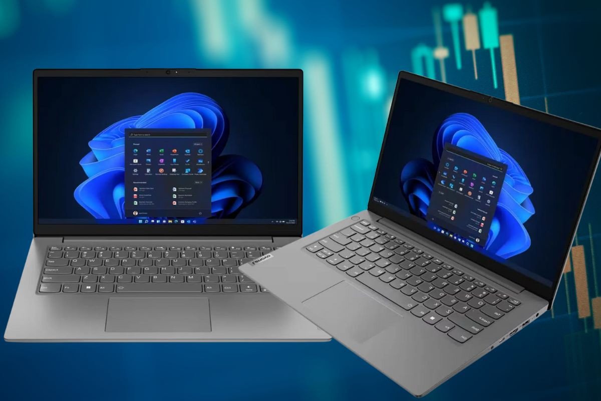 Laptop Lenovo V14 G3 IAP màu xám bạc, màn hình đang hiển thị một biểu đồ