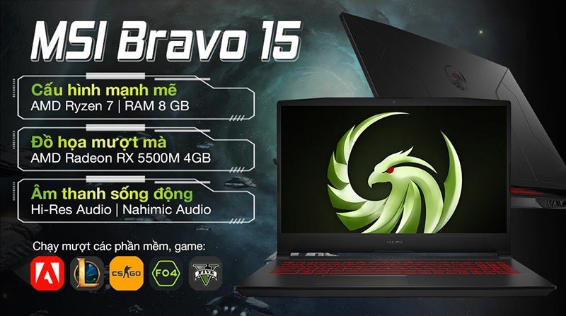 Laptop MSI Gaming Bravo 15 B5DD R7 với logo rồng đặc trưng của MSI, toát lên vẻ gaming