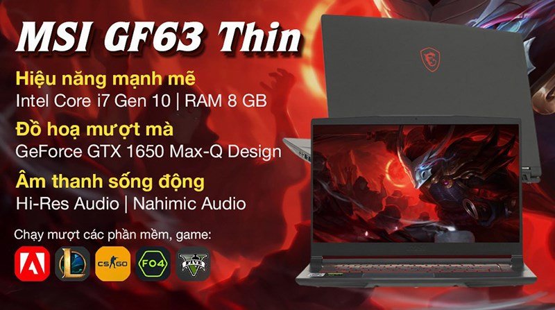 Laptop MSI Gaming GF63 Thin 10SC với thiết kế mỏng, nhẹ và đèn nền bàn phím đỏ đặc trưng