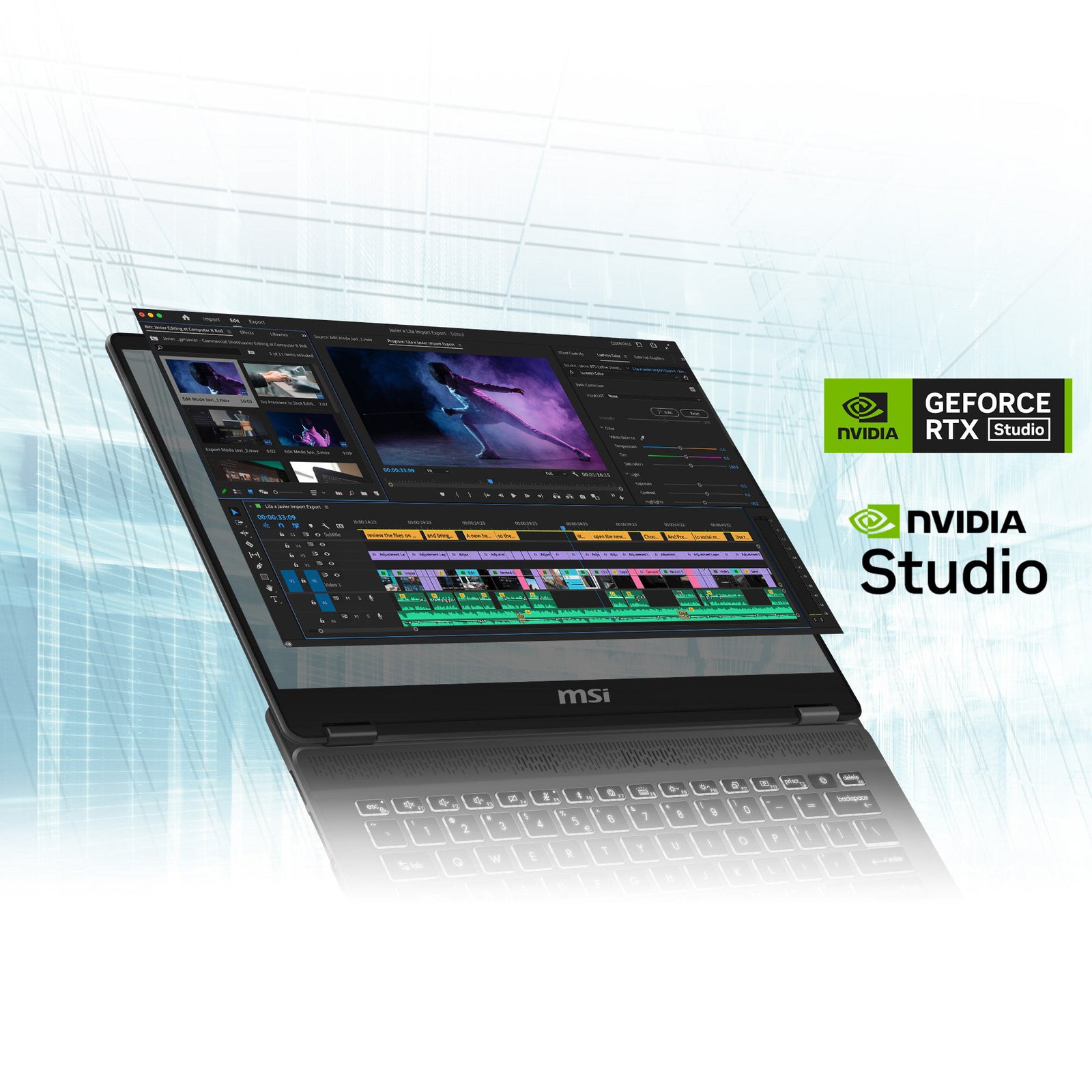 Laptop MSI Prestige 14 AI Studio đang hiển thị giao diện phần mềm chỉnh sửa đồ họa chuyên nghiệp, minh họa khả năng tăng tốc của GPU NVIDIA Studio.