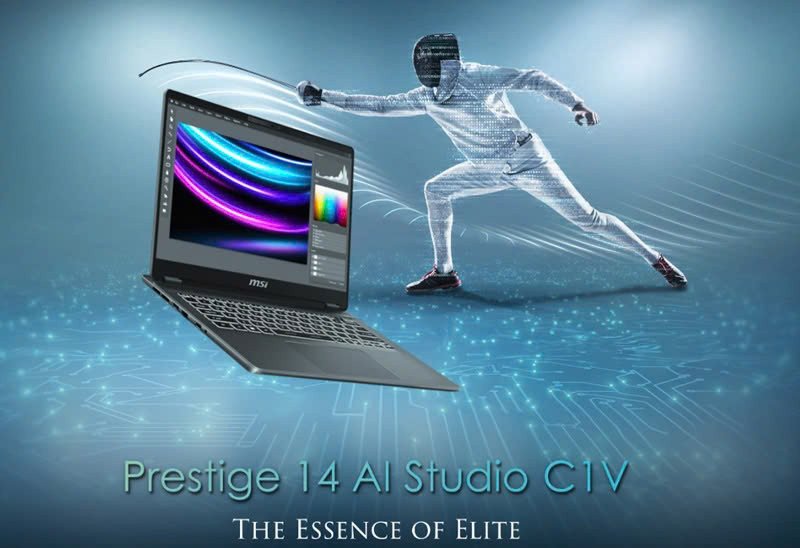 Laptop MSI Prestige 14 AI Studio với thiết kế vỏ nhôm màu xám đen tinh tế, thể hiện sự sang trọng và hiện đại của dòng máy tính xách tay chuyên nghiệp.