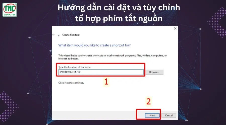 Lệnh shutdown s f t 0 được nhập để tạo shortcut tắt nguồn nhanh