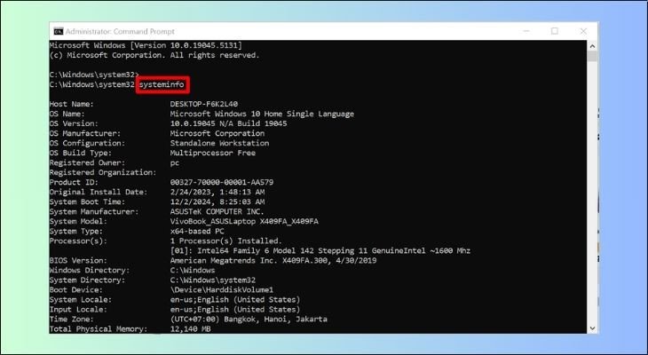 Lệnh systeminfo cung cấp thông tin cấu hình laptop Win 10 chi tiết.