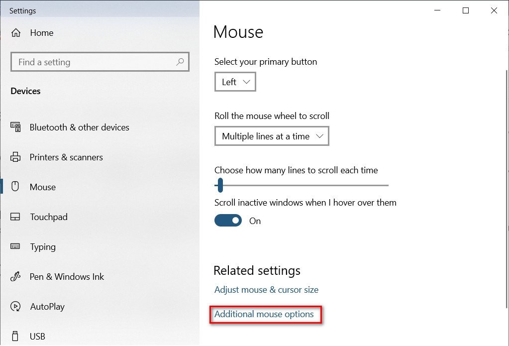 Liên kết 'Additional mouse settings' khi xử lý chuột laptop không di chuyển