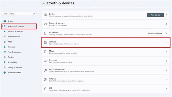 Lựa chọn Bluetooth &amp; Devices để tìm cài đặt camera trên laptop