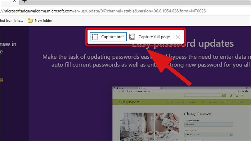 Lựa chọn Capture area hoặc Capture full page trong Microsoft Edge