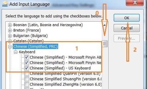 Lựa chọn Chinese (Simplified, PRC) và các tùy chọn bàn phím Pinyin trong Windows 7