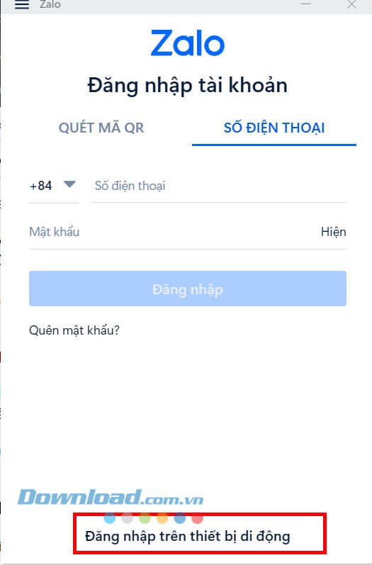 Lựa chọn đăng nhập Zalo trên thiết bị di động