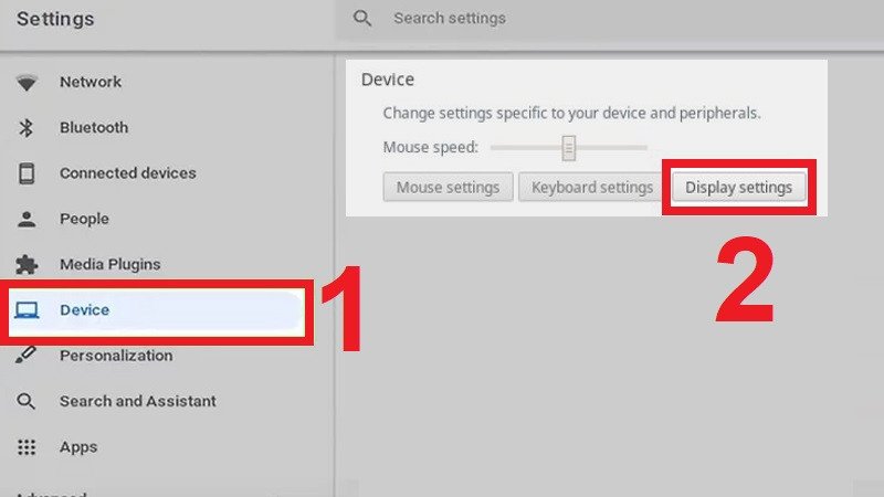 Lựa chọn Display settings trong mục Device để điều chỉnh độ phân giải màn hình laptop Chromebook.