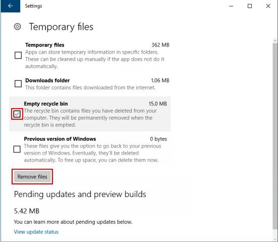 Lựa chọn Empty recycle bin trong cài đặt xóa tệp tạm thời trên laptop Windows