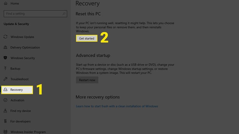 Lựa chọn Get started để reset PC loại bỏ mọi thứ