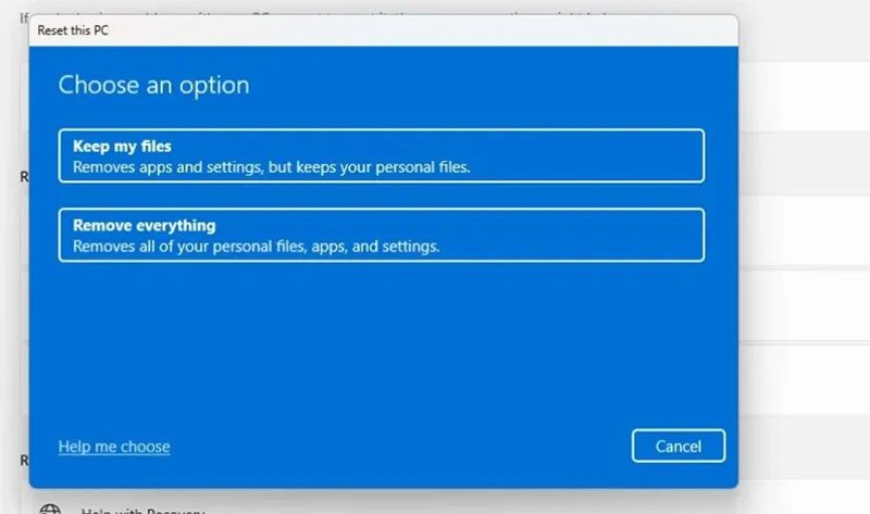 Lựa chọn giữ lại hoặc xóa tệp khi khôi phục máy tính Dell
