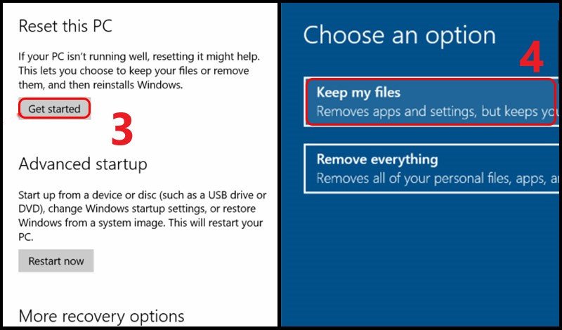 Lựa chọn giữ lại tệp cá nhân khi khôi phục cài đặt gốc cho laptop
