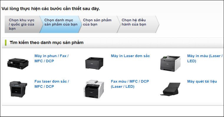 Lựa chọn loại máy in Brother cần cài đặt driver