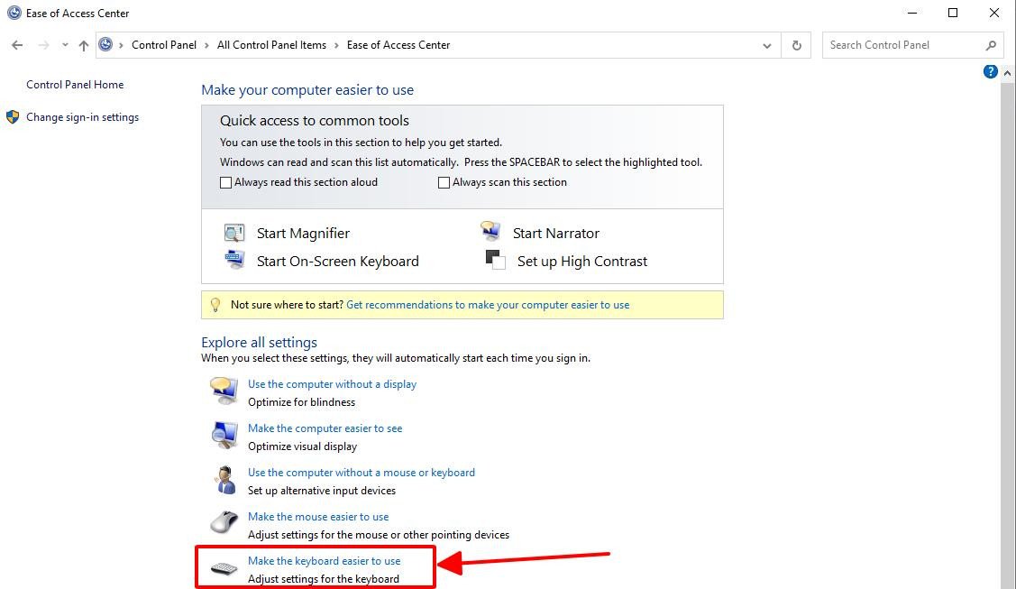 Lựa chọn Make the keyboard easier to use trong Ease of Access Center
