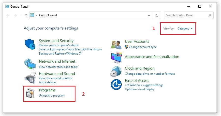 Lựa chọn mục Programs và Uninstall a program