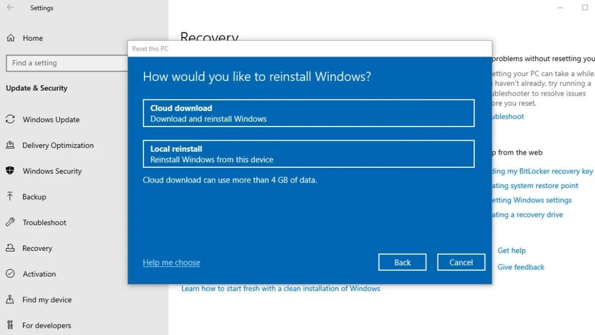 Lựa chọn phương pháp cài đặt lại Windows qua Cloud download hoặc Local reinstall