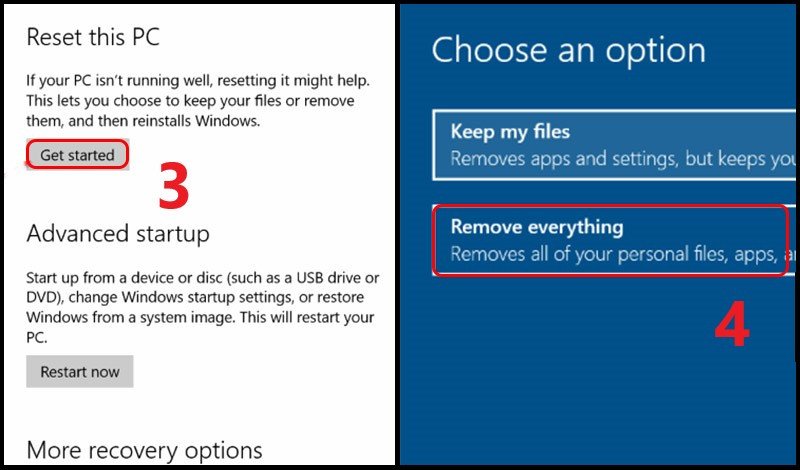 Lựa chọn phương pháp reset laptop trong cài đặt Windows