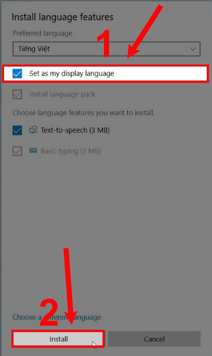 Lựa chọn Set as my display language và Install gói ngôn ngữ