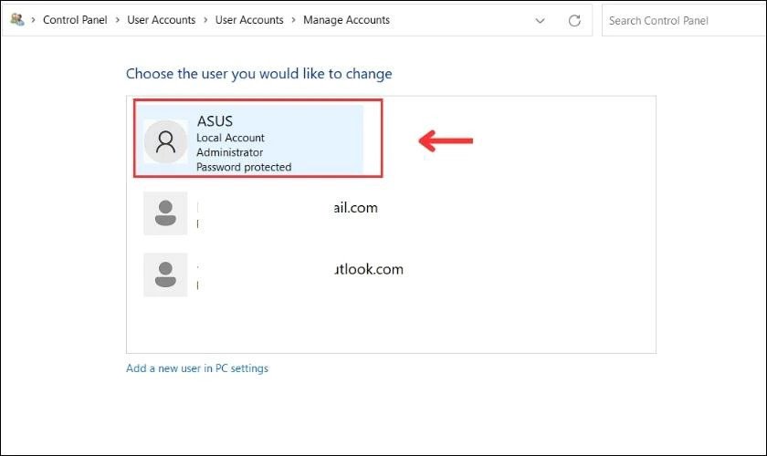 Lựa chọn tài khoản người dùng cần đổi mật khẩu Win 11