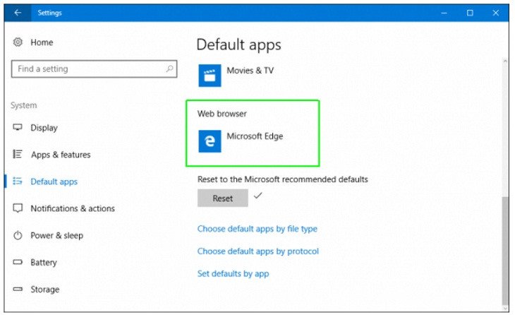 Lựa chọn trình duyệt mặc định trong cửa sổ Default apps của Windows