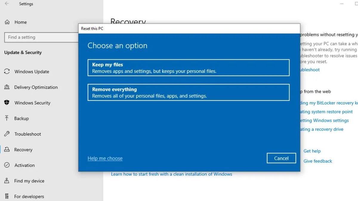 Lựa chọn tùy chọn giữ lại tệp hoặc xóa tất cả khi reset laptop Dell
