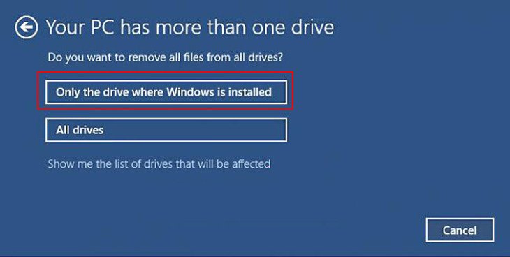 Lựa chọn xóa sạch dữ liệu trên ổ đĩa khi cài đặt lại Windows 10