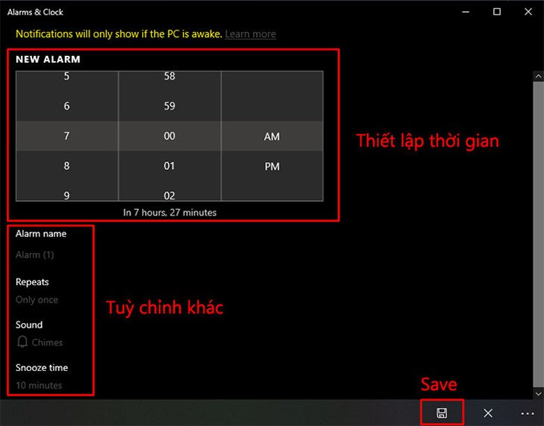 Lưu cài đặt báo thức trên laptop Win 10