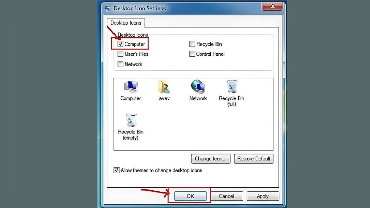 Lưu cài đặt để thêm ứng dụng hệ thống ra màn hình chính Windows 7.