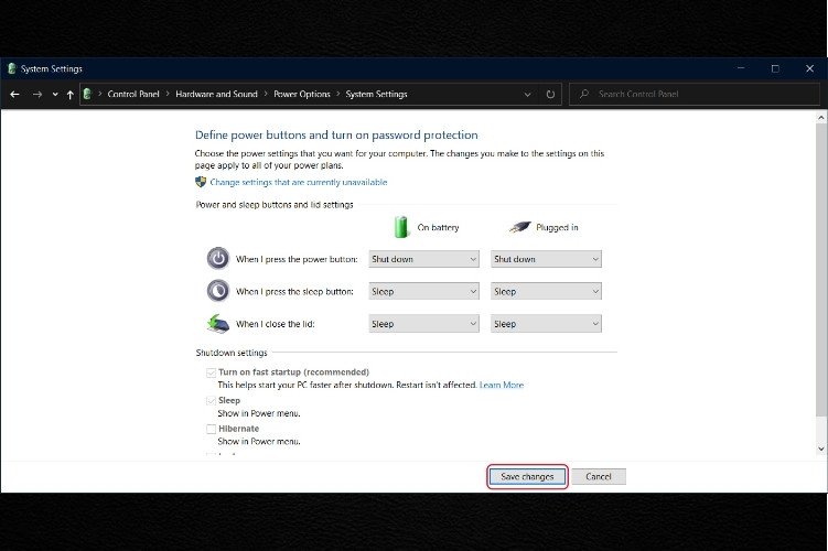 Lưu thay đổi cài đặt nút nguồn để tắt laptop khi bị đơ