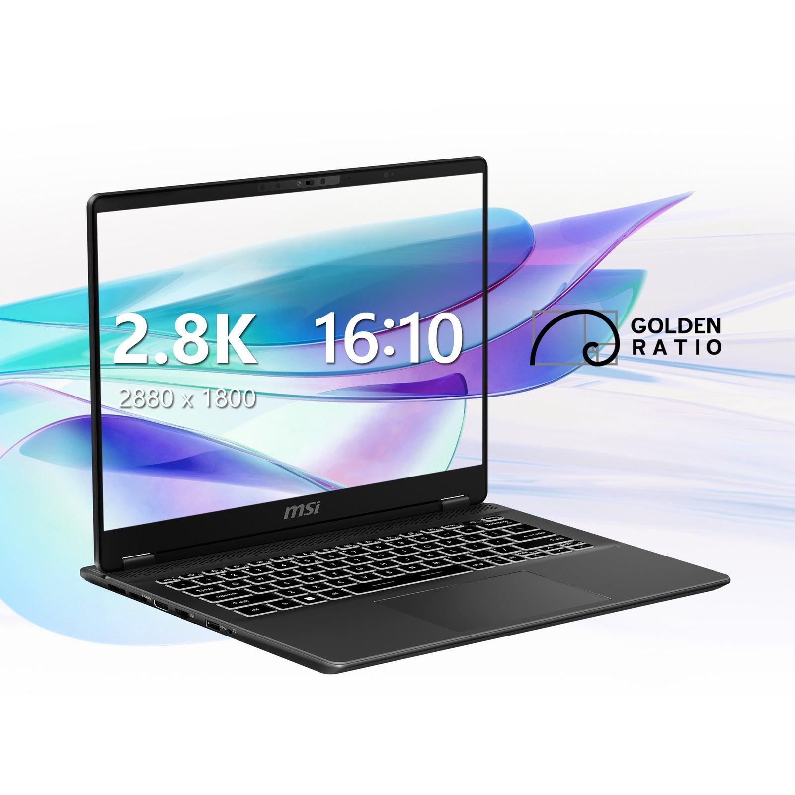 Màn hình 2.8K tỷ lệ 16:10 của laptop MSI Prestige 14 AI Studio hiển thị không gian làm việc rộng rãi, lý tưởng cho người dùng chuyên nghiệp.