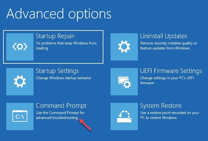 Màn hình Advanced options khi quên mật khẩu laptop Dell