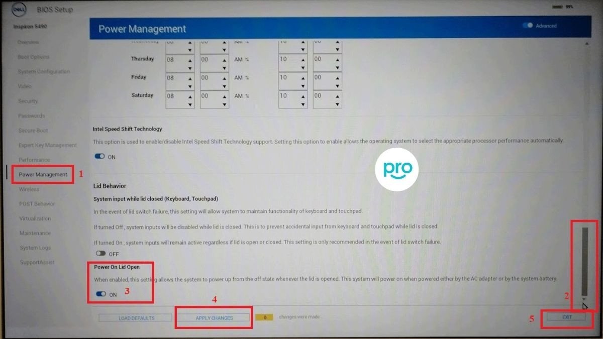 Màn hình BIOS của laptop Dell với các tùy chọn quản lý nguồn, hướng dẫn cách tắt tính năng tự động khởi động