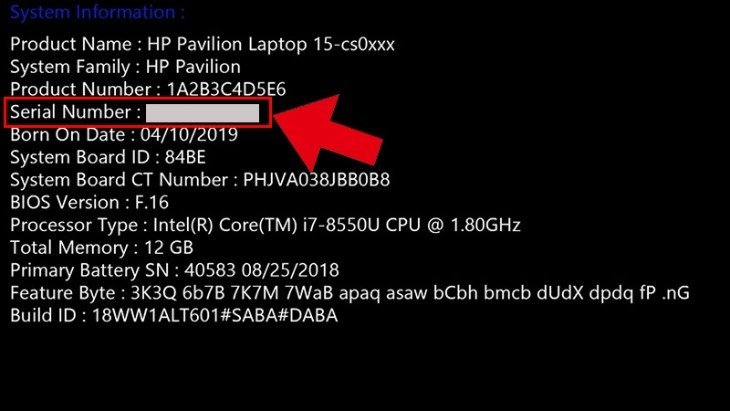 Màn hình BIOS hiển thị Serial Number của laptop HP