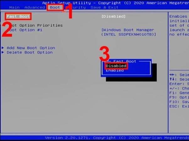 Màn hình BIOS hiển thị tab Boot và lựa chọn Fast Boot để khắc phục khởi động