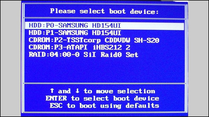 Màn hình các lựa chọn trong Menu Boot
