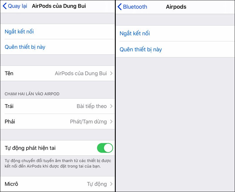 Màn hình cài đặt AirPods trên thiết bị iOS với các tùy chọn đa dạng