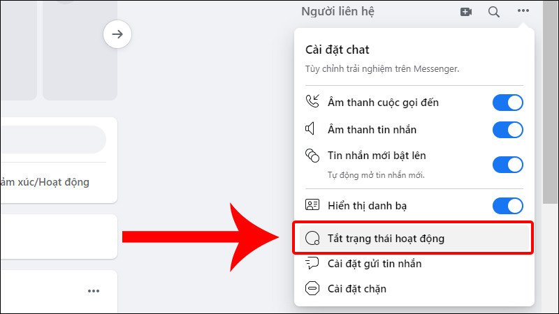 Màn hình cài đặt cho phép tắt trạng thái hoạt động FB trên laptop hiển thị tùy chọn 'Tắt trạng thái hoạt động'.