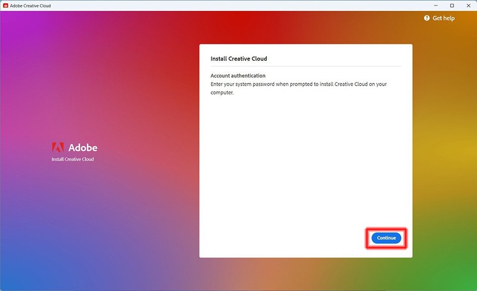 Màn hình cài đặt Creative Cloud Desktop với nút Continue