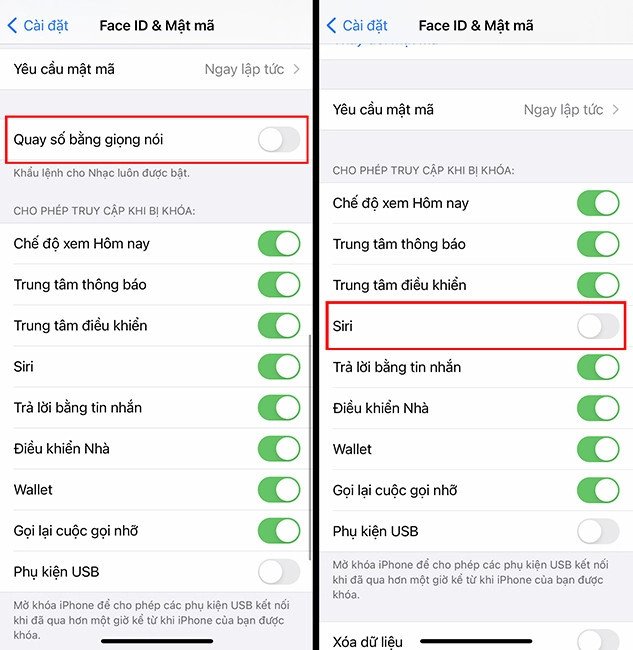 Màn hình cài đặt mật mã, với tùy chọn tắt Quay số bằng giọng nói và Siri khi bị khóa.