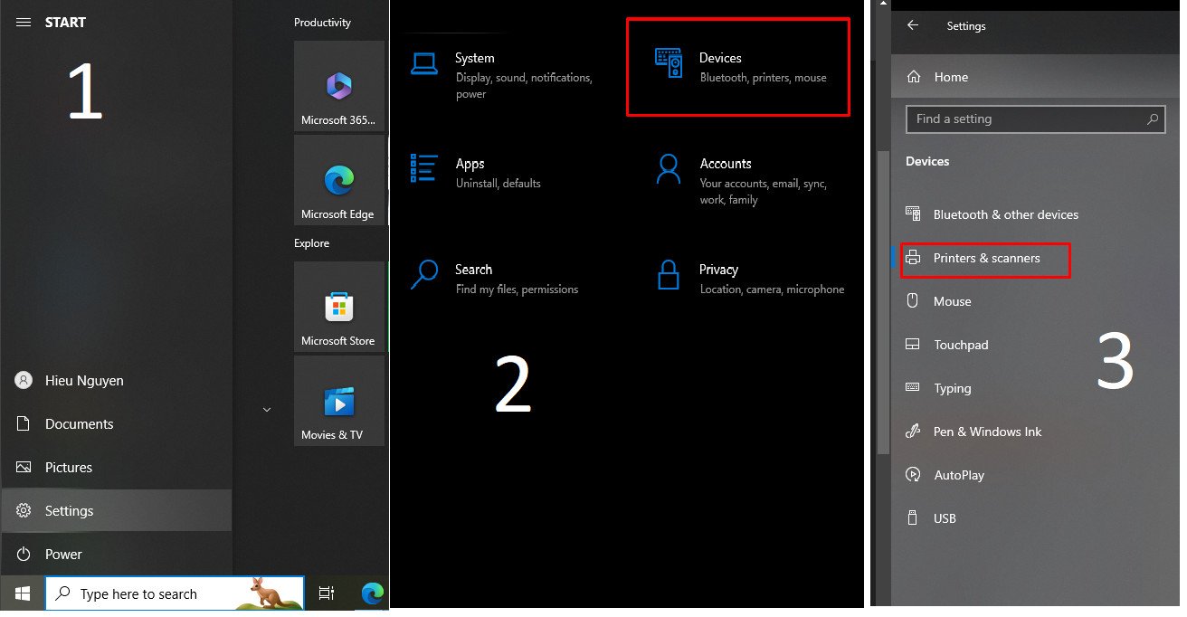 Màn hình cài đặt máy in trên Windows 10