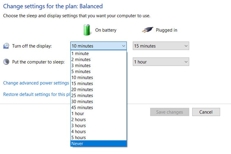 Màn hình cài đặt Power Options trên Windows để tối ưu hóa pin laptop