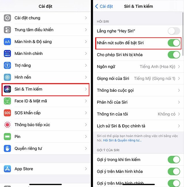 Màn hình cài đặt Siri &amp; Tìm kiếm, với tùy chọn bật Siri bằng nút sườn/Home.