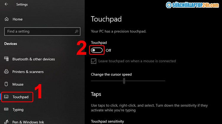 Màn hình cài đặt Touchpad với thanh trượt "Touchpad" ở vị trí On