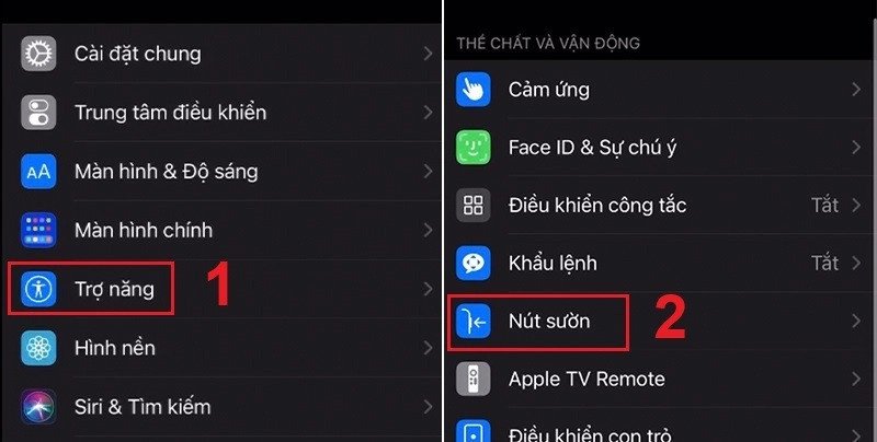 Màn hình cài đặt trợ năng của iPhone, chọn "Nút sườn" để tùy chỉnh.