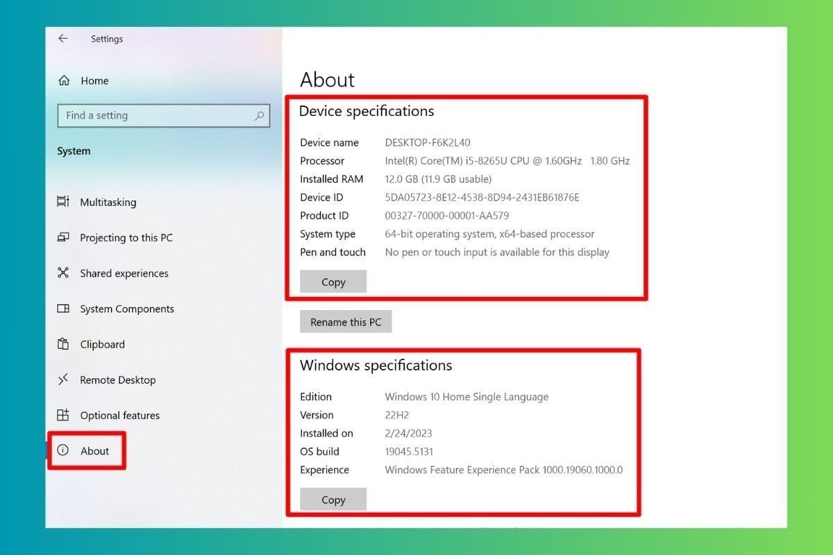 Màn hình cài đặt Windows hiển thị thông tin về hệ thống, minh họa cách xem thông số laptop Dell cơ bản.