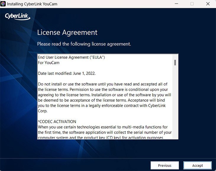Màn hình chấp nhận điều khoản sử dụng phần mềm CyberLink YouCam
